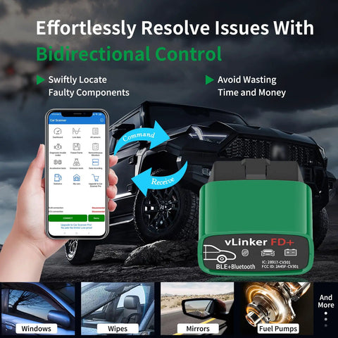 VLinker FD Plus OBD2 Bluetooth Diagnostic Scanner with phone app interface next to black car displaying bi-directional control