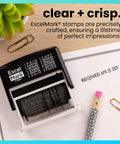 Workhorse Self Inking Date Stamp With Twelve Rotatable Bands For Paid Received Posted Scanned Shipped Void Verified And Full Year Setup Built To Last For Busy Office Crews shown on desk with date impression and pencil.