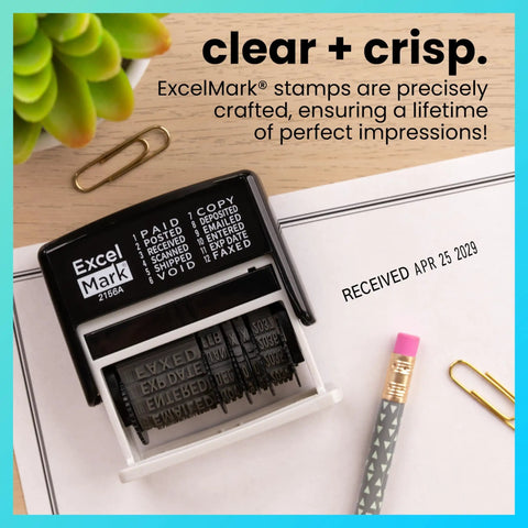 Workhorse Self Inking Date Stamp With Twelve Rotatable Bands For Paid Received Posted Scanned Shipped Void Verified And Full Year Setup Built To Last For Busy Office Crews shown on desk with date impression and pencil.