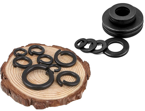 Assorted sizes of 400 Piece Washer Kit with Flat and Spring Lock Washers in M3 M4 M5 M6 M8 Sizes, Carbon Steel Black Finish