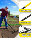 Man using Heavy Duty Bow Rake With 68 Inch Adjustable Handle, 17 Steel Tines, Dual Sided Metal Garden Tool For Soil Loosening, Leaves, Mulch, Thatch, Lawn Cleanup, Yard Landscaping in a garden, showcasing comfort grip, threaded poles, dual-bolt features.