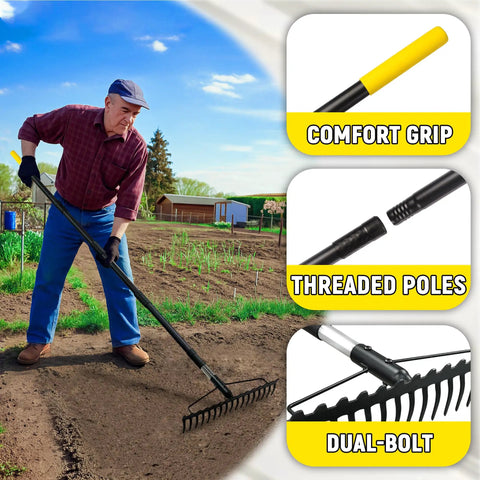 Man using Heavy Duty Bow Rake With 68 Inch Adjustable Handle, 17 Steel Tines, Dual Sided Metal Garden Tool For Soil Loosening, Leaves, Mulch, Thatch, Lawn Cleanup, Yard Landscaping in a garden, showcasing comfort grip, threaded poles, dual-bolt features.