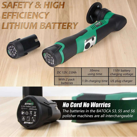 Cordless Car Buffer Polisher Kit With Dual Action And Rotary Modes, 1 Inch And 3 Inch Heads, shown with lithium battery