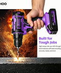 20V Cordless Drill With Fast Charging Battery And Keyless Chuck Purple in use drilling through a concrete surface.