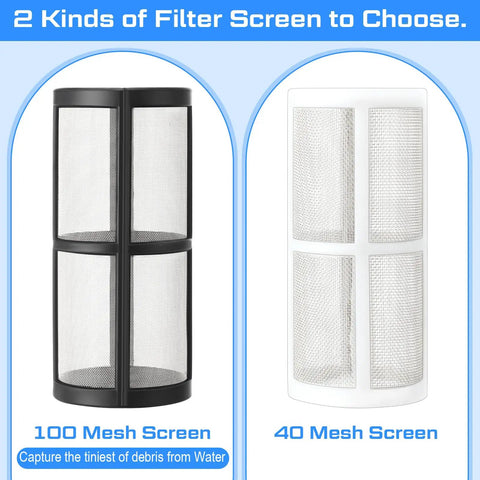 No Nonsense Inline Garden Hose Filter Set with 40 and 100 mesh screens, showing filtering capabilities for water debris.