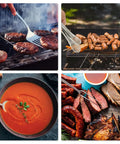 Camping Utensils Set With Storage Bag Portable Stainless Steel Cookware Gear For Outdoor Cooking Car Travel And RV Trips Includes Spatula Tongs Ladle Brush Peeler Meat Fork Skewers And Roasting Forks shown grilling meat and serving soup.