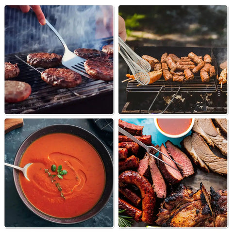 Camping Utensils Set With Storage Bag Portable Stainless Steel Cookware Gear For Outdoor Cooking Car Travel And RV Trips Includes Spatula Tongs Ladle Brush Peeler Meat Fork Skewers And Roasting Forks shown grilling meat and serving soup.