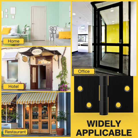 Ball Bearing Door Hinges 4.5 By 4 Inches Matte Black Square Corner 3mm Thick displayed with images of home, office, hotel, restaurant