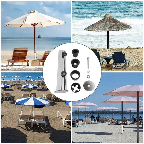 Heavy Duty Umbrella Stand With Granite Base Built Tough And Windproof Stainless Steel Tube Mount For Outdoor Sunshade And DIY Garden Adjustable PVC Sleeves Fit Most Poles shown in beach settings