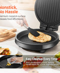 Cachoo 3-in-1 Electric Griddle And Sandwich Maker With Nonstick Coating cooking pancakes on nonstick surface.