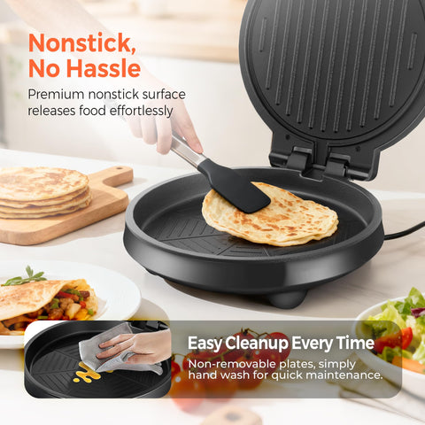 Cachoo 3-in-1 Electric Griddle And Sandwich Maker With Nonstick Coating cooking pancakes on nonstick surface.