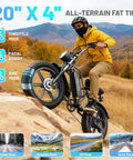 Rider on Fat Tire Electric Mountain Bike All Terrain E Bike With 1500W Peak Motor climbing a trail, mountain backdrop.