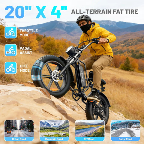 Rider on Fat Tire Electric Mountain Bike All Terrain E Bike With 1500W Peak Motor climbing a trail, mountain backdrop.