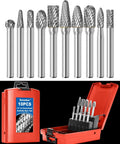 10 Pcs Carbide Burr Set With 1/4 Inch Shank In Red Box Beefy Pro Grade Die Grinder Bits Kit For Metal Wood Stone Steel