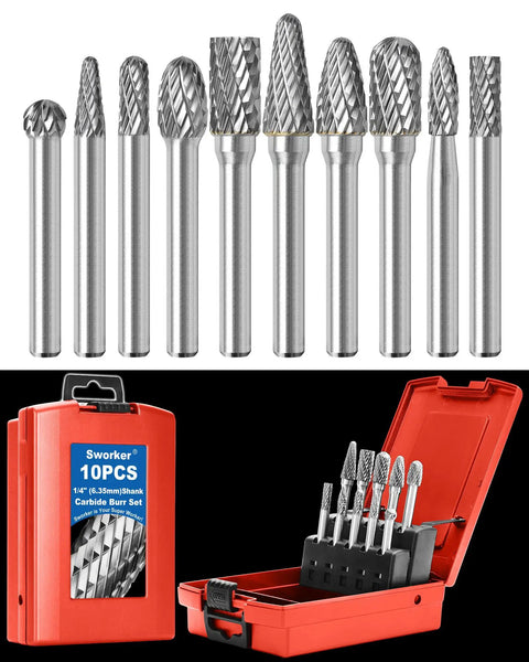 10 Pcs Carbide Burr Set With 1/4 Inch Shank In Red Box Beefy Pro Grade Die Grinder Bits Kit For Metal Wood Stone Steel