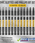 24-piece slotted and Phillips drill bit set with S2 alloy steel magnetic tips, 2.3-inch long, stored in durable box for wood, metal, plastic drilling.