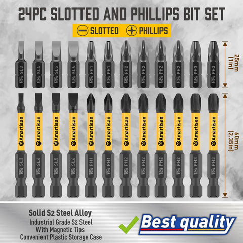 24-piece slotted and Phillips drill bit set with S2 alloy steel magnetic tips, 2.3-inch long, stored in durable box for wood, metal, plastic drilling.