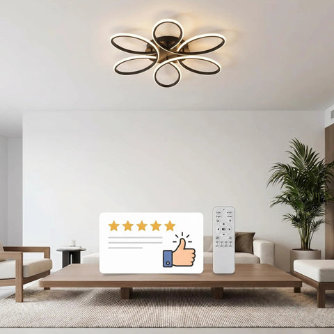 Modern living room showcasing Ultra Slim 23 Inch LED Ceiling Light Fixture with remote and app, stylish design with memory function.