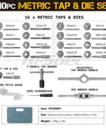 39-Piece Metric Tap and Die Set For Diyers M3 To M12 Thread Tapping and Threading Kit with Wrench and Pitch Gauge diagram