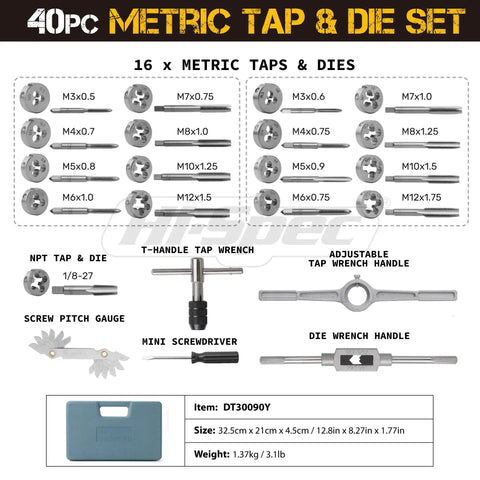 39-Piece Metric Tap and Die Set For Diyers M3 To M12 Thread Tapping and Threading Kit with Wrench and Pitch Gauge diagram