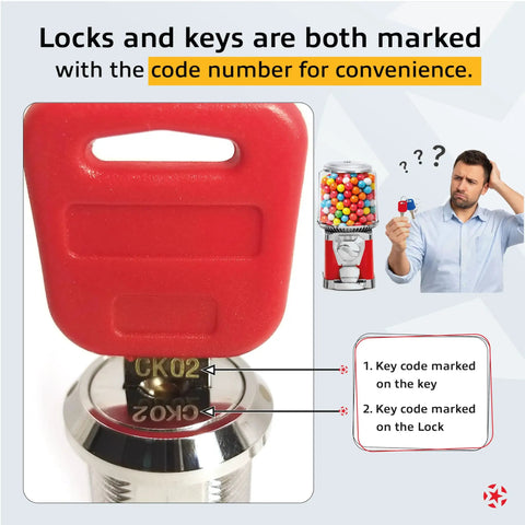 Top Lid Lock And Key Set For Gumball Capsule Machines GV25 GV18, CK02 key and lock with code marking, vending machine use