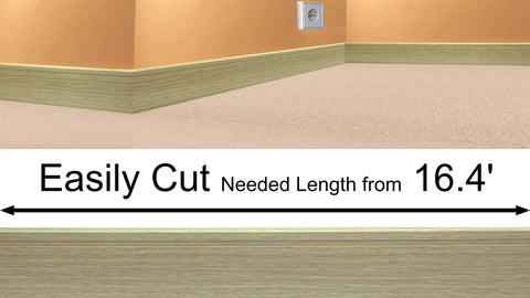Moisture Resistant Vinyl Baseboard Molding With Wood Grain Finish Quarter Inch Thick Four Inch Tall Rubber Wall Base Trim 16 ft length.