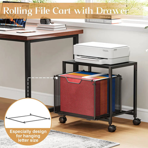 Under Desk Storage Organizer With Drawer Rolling File Cabinet under office desk with printer on top, featuring hanging files.
