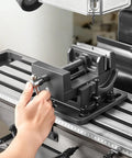 Smooth Running Benchtop Mill Drill Press With Kickass 2 HP Motor And 15.875 Inch Swing Range 150 To 2560 RPM Adjustable Speed, close-up of vice clamp.