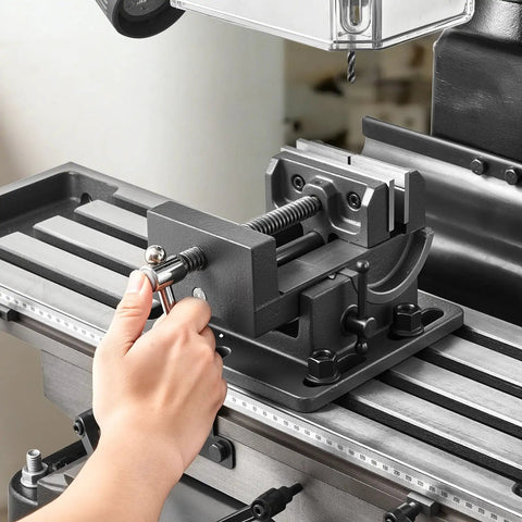 Smooth Running Benchtop Mill Drill Press With Kickass 2 HP Motor And 15.875 Inch Swing Range 150 To 2560 RPM Adjustable Speed, close-up of vice clamp.