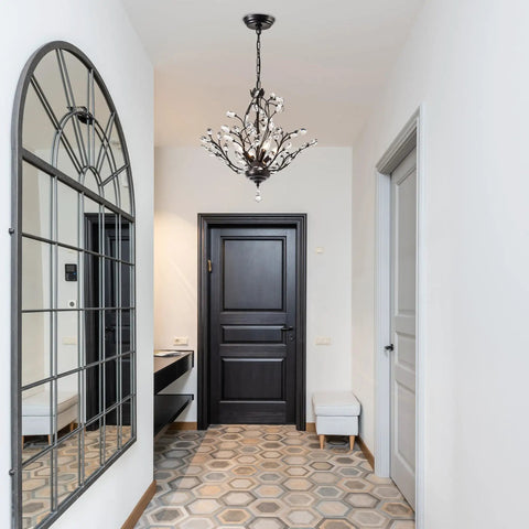 18 Inch Black Crystal Chandelier With 4 Lights, Vintage Branch Pendant Light Fixture in hallway with modern decor