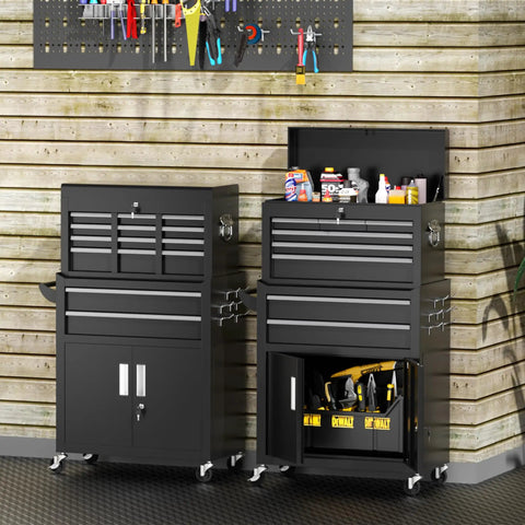 Heavy Duty Rolling Tool Chest With Eight Smooth Glide Drawers, Detachable Top Box And Bottom Cart, Hella Sturdy Steel Frame With Rubber Liners And Hook Racks, Secure Locking, Pro Gear For Garage Or Shop Work In Matte Black