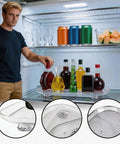 Person using Two Pack Clear Acrylic Fridge Lazy Susan Organizer with 360 Degree Rotating Turntable in refrigerator