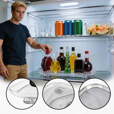Person using Two Pack Clear Acrylic Fridge Lazy Susan Organizer with 360 Degree Rotating Turntable in refrigerator