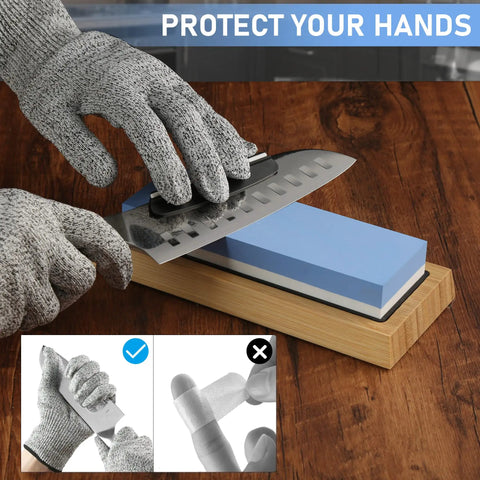 Quad Sided Whetstone Knife Sharpening Kit With 400 1000 And 3000 8000 Grits Wet Stone Sharpener in use with gloves on wood base