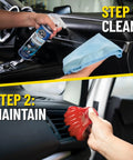 All In One Interior Car Cleaning Kit With Storage Bag, Total Interior Cleaner and microfiber towel in use on dashboard