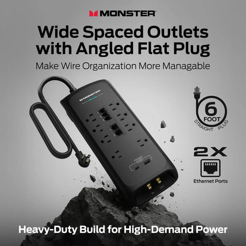 Heavy Duty Surge Protector Power Strip With Eight 120V Outlets And Six Foot Cord, 4050 Joule Badass Reliable Protection, Usb A And C Charging Ports, Ethernet Switches, Solid Rig For Computers And Desks, 12 Pack, with angled flat plug and wide spaced outlets.