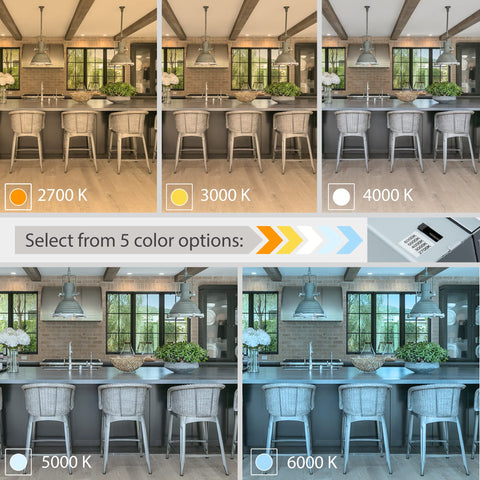 Interior comparing 5 color temperatures from 2700K to 6000K using 4 Pack 6 Inch LED Recessed Downlights With 5CCT Color Selectable 2700K To 6000K, 12W, Ultra Thin, Dimmable, Heavy Duty Ceiling Lights, White Trim, Junction Box Included, No-Fuss Plug-N-Play Install