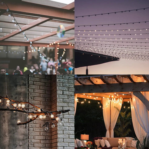 Outdoor Solar String Lights 50 Feet With 23 Shatterproof G40 Bulbs Waterproof Patio Garden Lighting Solar Powered Type C Rechargeable Spare Bulb Included Lit Night Ambiance For Outdoor Parties displayed at outdoor events above patios and gardens