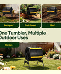 Outdoor Dual Chamber 53 Gallon Compost Tumbler With 360 Degree Spin Sliding Doors Solid Steel Frame in various garden settings