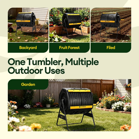 Outdoor Dual Chamber 53 Gallon Compost Tumbler With 360 Degree Spin Sliding Doors Solid Steel Frame in various garden settings