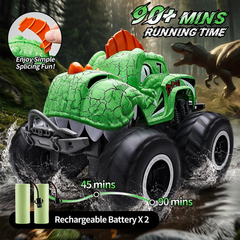 Monster Truck RC Car For Kids Waterproof 1to20 Scale Dinosaur Monster Trucks With 2 Batteries 2.4GHz All Terrain Remote Control