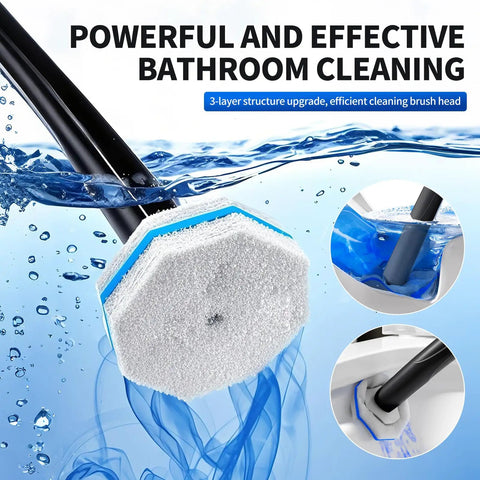 Disposable Toilet Brush With Holder And Extended Magic Wand Handle, 40 Replacement Sponge Heads in water with close-up