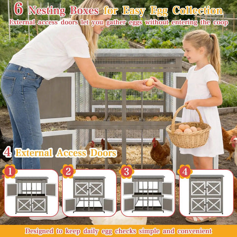 Large Outdoor Chicken Coop With Run For 6 To 8 Chickens Two Tier Side Nesting Boxes Four Lockable Egg Doors Asphalt Roof And Waterproof Oxford Run Cover For Easy Backyard Egg Collection, showing external egg access and mother with child collecting eggs.