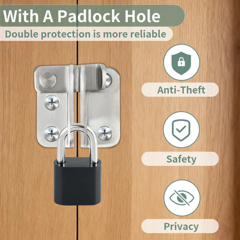 Flip Gate Latch With Padlock Hole Stainless Steel Door Lock installed on wooden door, showcasing security features.