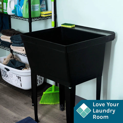 Heavy Duty 19 Gallon Utility Sink Laundry Tub with Adjustable Metal Legs in Laundry Room, Black, No Faucet