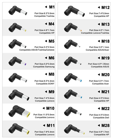 90W Universal Laptop Charger With 16 Tips For Dell, HP And Acer - 100-240V Input - 15V 16V 19V 19.5V 20V Output - Safe Travel Power Adapter For Work, Home, And On The Go. 16 black adapter tips