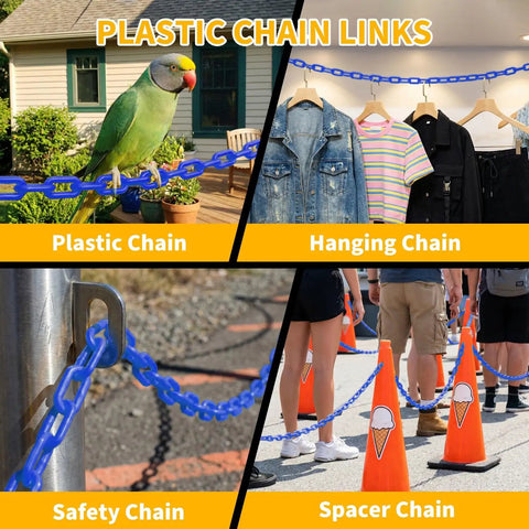 Heavy Duty 120 Ft Plastic Safety Chain With 25 S Hooks For Crowd Control And Barrier Setup in various uses with UV resistant links