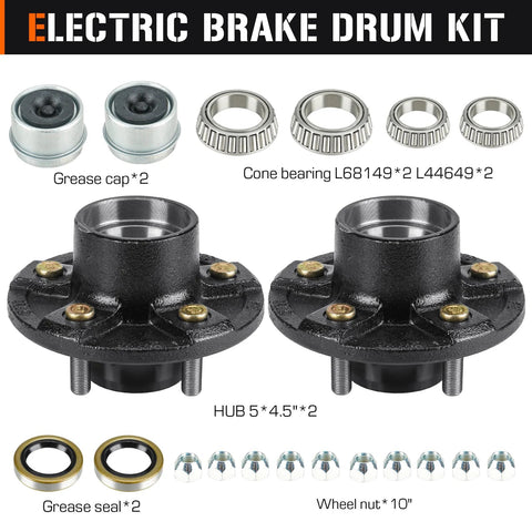 Front view of trailer hub kit: two 5-lug, 4.5-inch bolt-circle hubs with cone bearings, grease caps, seals, and lug nuts.