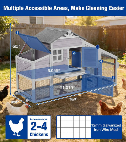 Movable Chicken Coop With Wheels For Easy Backyard Maneuvering, wooden hen house with duplex and nesting box for 2-4 chickens