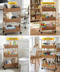 Ultra Slim 3 Tier Rolling Storage Cart for Small Spaces Narrow 7.1 Inch Wide Mobile Shelving Unit in various room settings